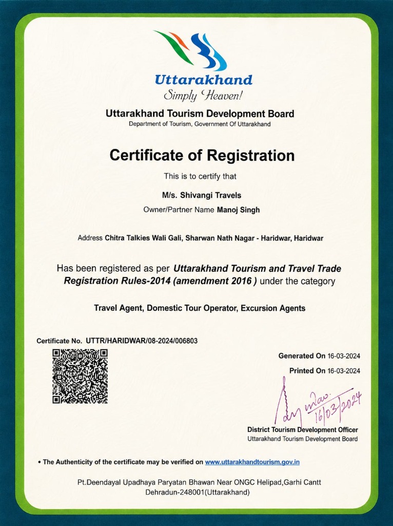 Shivangi Travels - Uttarakhand Tourism Development Board Certificate of Registration UTTR/HARIDWAR/08-2024/006803